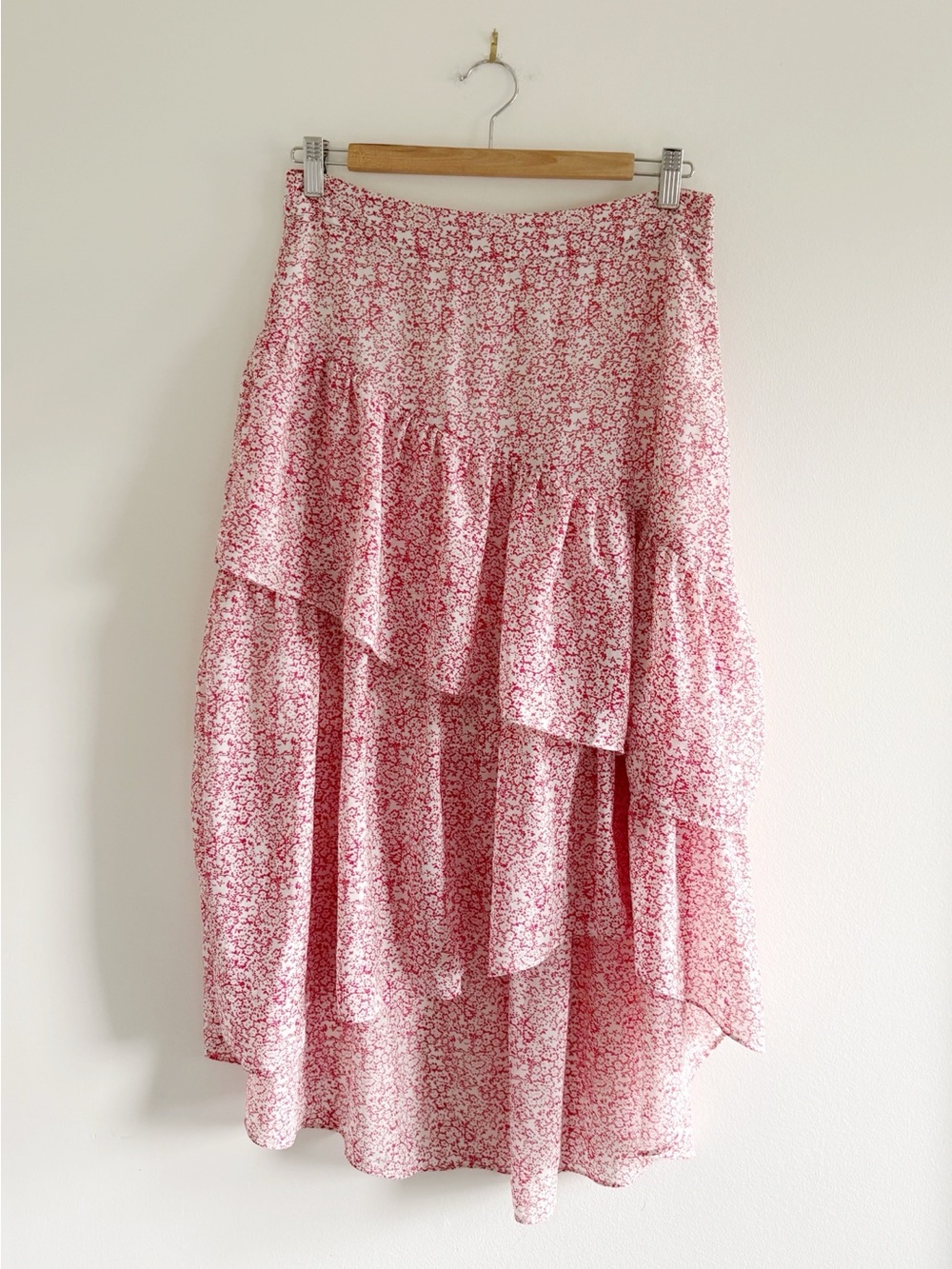 Lush red and white ruffles micro floral High-Low Tiered Skirt size Medium